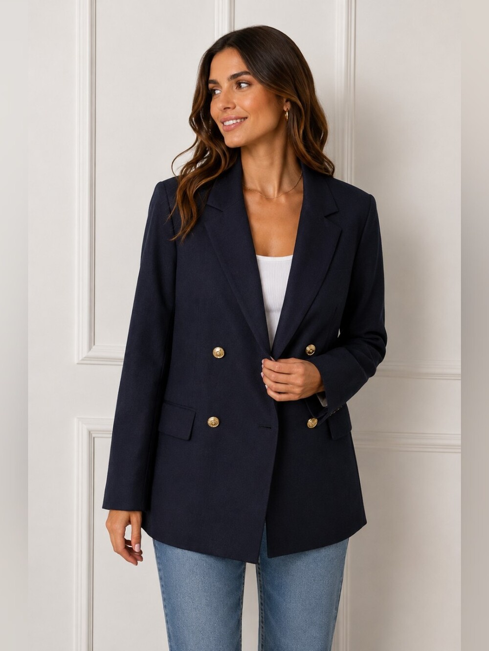 New H&M Dark Navy Blue Double Breasted Gold Button Blazer Jacket Sz M Nautical